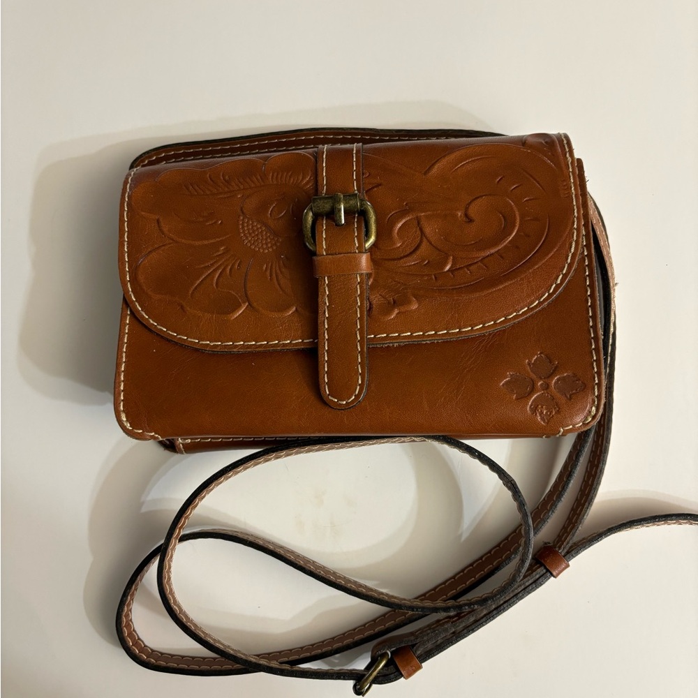 Patricia Nash Brown All Leather Crossbody Bag with Buckled Front and Tooled Flap